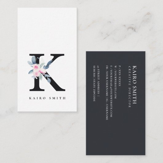 SOFT BLUSH BLUE FLORAL ALPHABETS NAME BRIEF K VISITEKAARTJE (Voorkant / Achterkant)