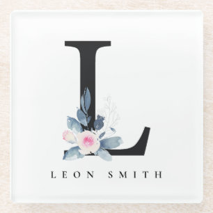 SOFT BLUSH BLUE FLORAL ALPHABETS NAME BRIEF L GLAZEN ONDERZETTER