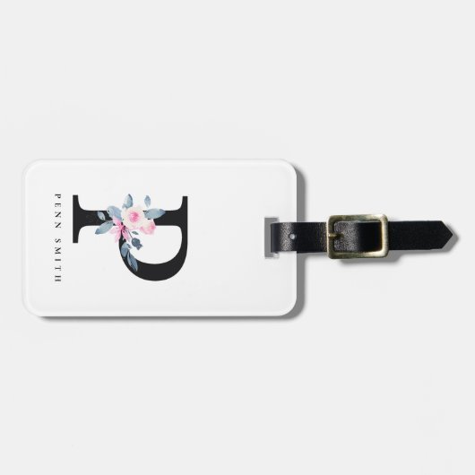 SOFT BLUSH BLUE FLORAL ALPHABETS NAME BRIEF P BAGAGELABEL (Voorkant horizontaal)