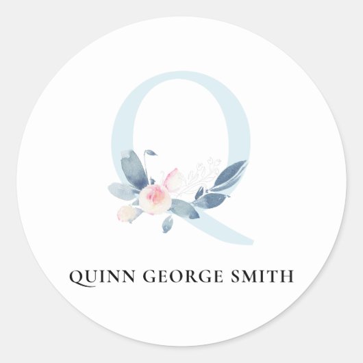 SOFT BLUSH BLUE FLORAL ALPHABETS NAME BRIEF Q RONDE STICKER (Voorkant)