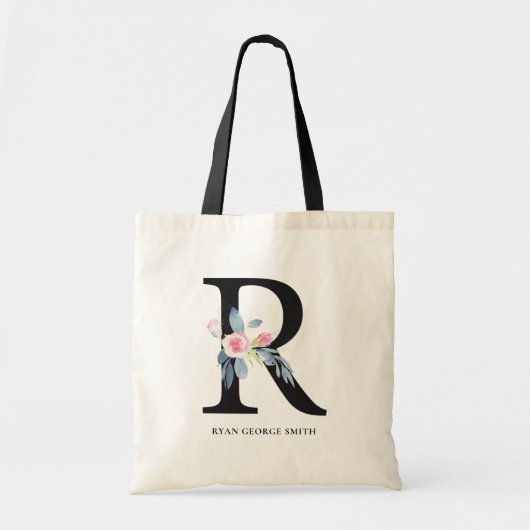 SOFT BLUSH BLUE FLORAL ALPHABETS NAME BRIEF R TOTE BAG (Voorkant)