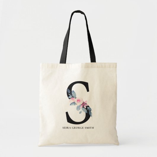 SOFT BLUSH BLUE FLORAL ALPHABETS NAME BRIEF TOTE BAG (Voorkant)