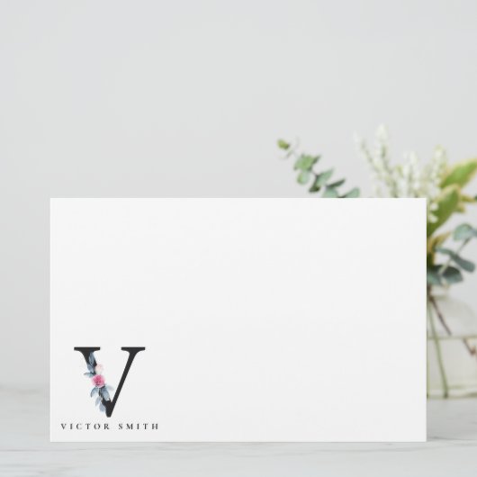 SOFT BLUSH BLUE FLORAL ALPHABETS NAME BRIEF V BRIEFPAPIER (Staand voorkant)