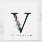 SOFT BLUSH BLUE FLORAL ALPHABETS NAME BRIEF V WIJN ETIKET (Enkel label)