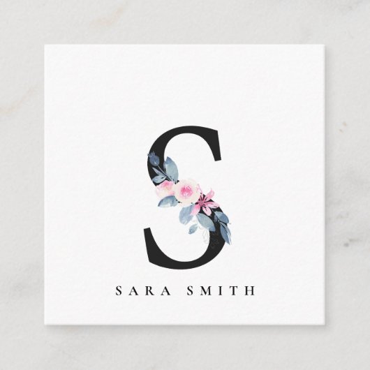 SOFT BLUSH BLUE FLORAL ALPHABETS NAME BRIEF VIERKANTE VISITEKAARTJE (Voorkant)