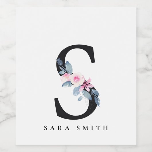 SOFT BLUSH BLUE FLORAL ALPHABETS NAME BRIEF WIJN ETIKET (Enkel label)