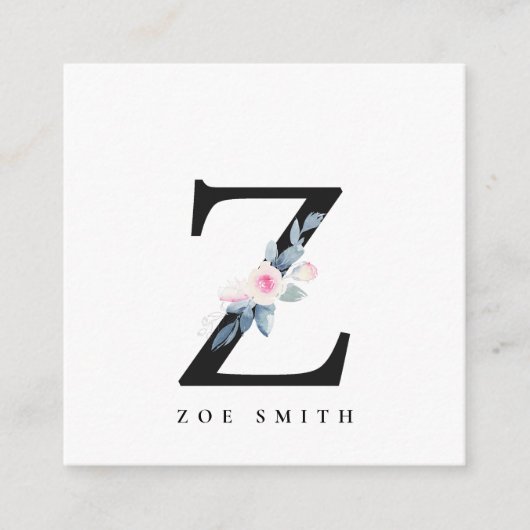 SOFT BLUSH BLUE FLORAL ALPHABETS NAME BRIEF Z VIERKANTE VISITEKAARTJE (Voorkant)