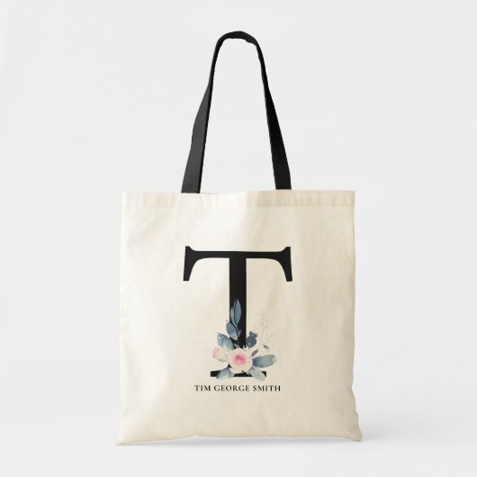 SOFT BLUSH BLUE FLORAL ALPHABETS NAME LETTER T TOTE BAG (Voorkant)
