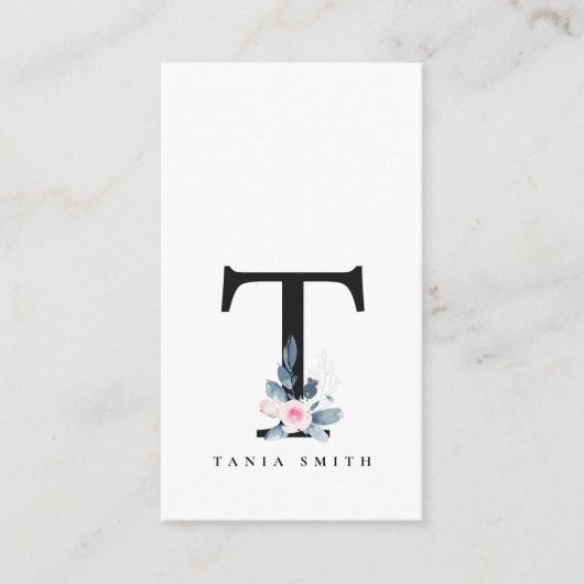 SOFT BLUSH BLUE FLORAL ALPHABETS NAME LETTER T VISITEKAARTJE (Voorkant)