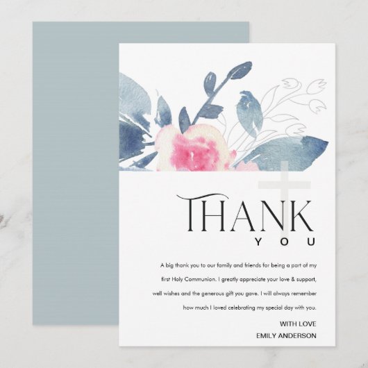 SOFT BLUSH BLUE FLORAL BUNCH FIRST HOLY COMMUNION BEDANKKAART (Voorkant / Achterkant)