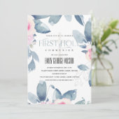 SOFT BLUSH BLUE FLORAL BUNCH FIRST HOLY COMMUNION KAART (Staand voorkant)