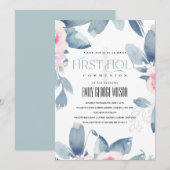 SOFT BLUSH BLUE FLORAL BUNCH FIRST HOLY COMMUNION KAART (Voorkant / Achterkant)