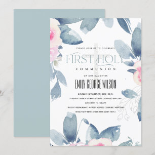 SOFT BLUSH BLUE FLORAL BUNCH FIRST HOLY COMMUNION KAART
