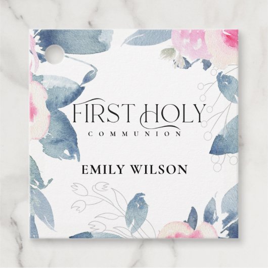 SOFT BLUSH BLUE FLORAL LIJST FIRST HOLY COMMUNION BEDANKJES LABELS (Voorkant)