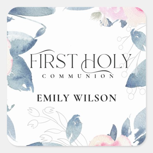 SOFT BLUSH BLUE FLORAL LIJST FIRST HOLY COMMUNION VIERKANTE STICKER (Voorkant)