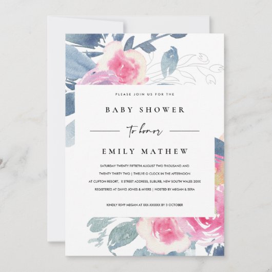 SOFT BLUSH BLUE FLORAL WATERVERF BABY SHOWER KAART (Voorkant)