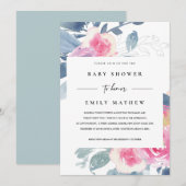 SOFT BLUSH BLUE FLORAL WATERVERF BABY SHOWER KAART (Voorkant / Achterkant)