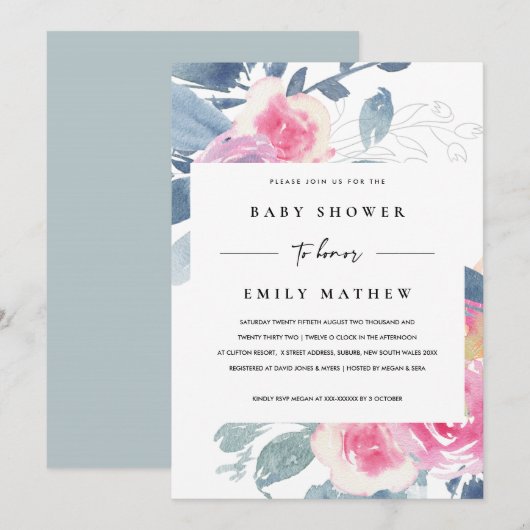 SOFT BLUSH BLUE FLORAL WATERVERF BABY SHOWER KAART (Voorkant / Achterkant)