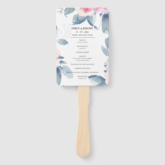 SOFT BLUSH BLUE FLORAL WATERVERF WEDDING PROGRAMMA HANDWAAIER (Voorkant)