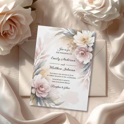 Soft Blush Botanical Border Wedding Invitation Kaart