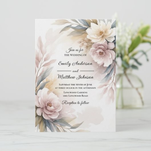 Soft Blush Botanical Border Wedding Invitation Kaart (Staand voorkant)