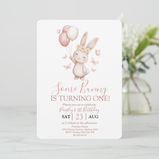 Soft Blush Bunny First Birthday Kaart (Staand voorkant)