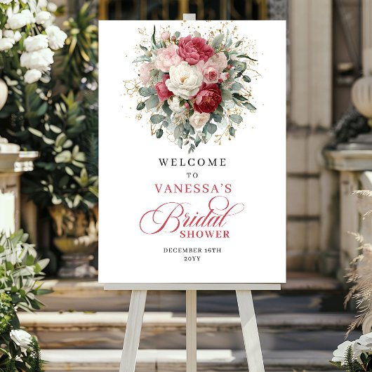 Soft Blush Burgundy Floral Bridal Shower Welcome Poster