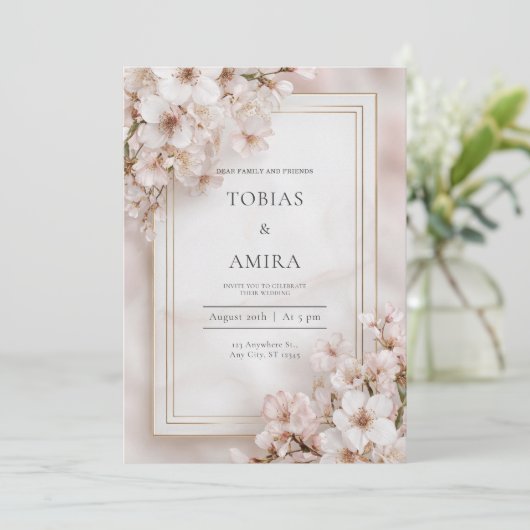 Soft Blush Cherry Blossom Wedding Kaart (Staand voorkant)