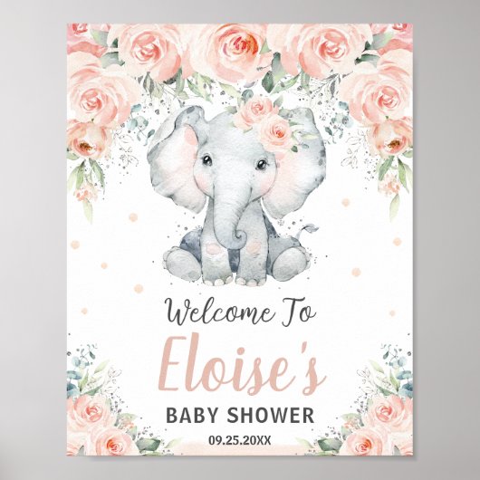 Soft Blush Floral Elephant Baby shower Welkom Poster (Voorkant)