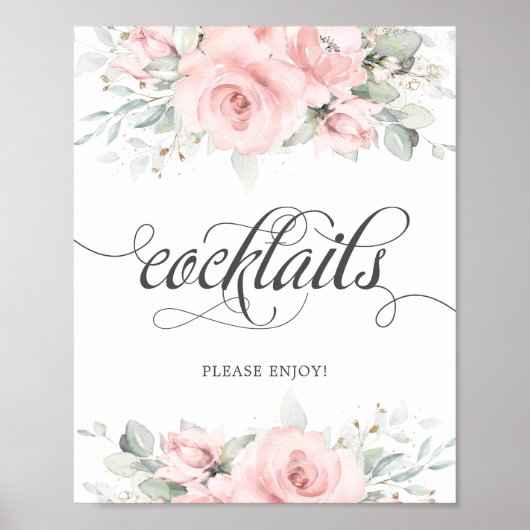 Soft Blush Floral Greenery Wedding Cocktails Drink Poster (Voorkant)