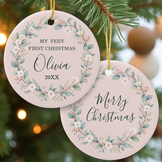 Soft Blush Floral Lijst Baby's eerste kerstdag Keramisch Ornament