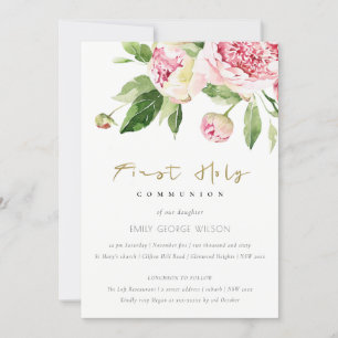 Soft Blush Floral Peony First Heilige Communie Kaart