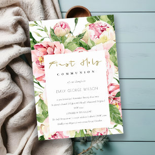 Soft Blush Floral Peony First Heilige Communie Kaart