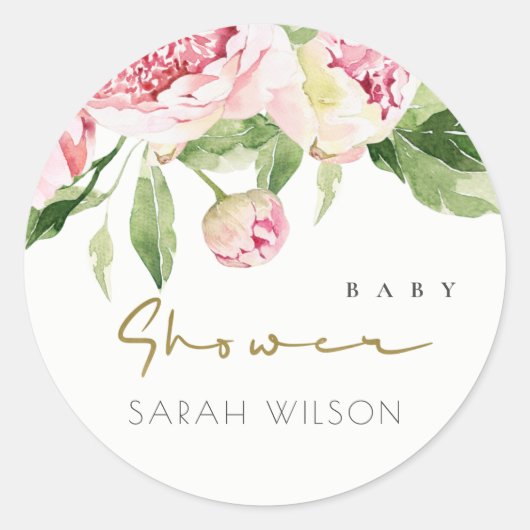 SOFT BLUSH FLORAL PEONY WATERVERF BABY SHOWER RONDE STICKER (Voorkant)