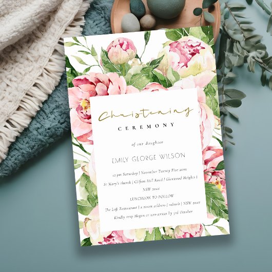 Soft Blush Floral Peony Waterverf Christening Kaart