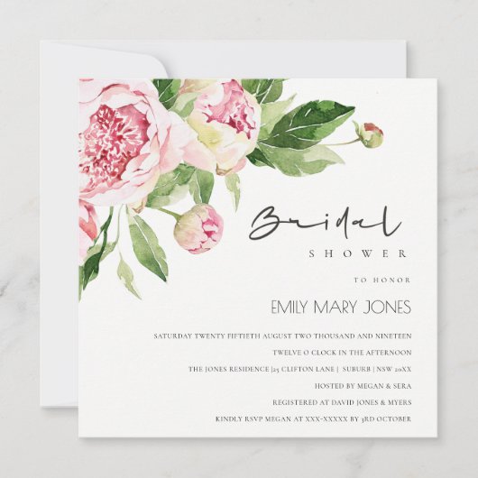 SOFT BLUSH FLORAL PEONY WATERVERF VRIJGEZELLENFEES KAART (Voorkant)