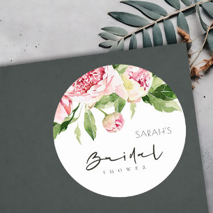 SOFT BLUSH FLORAL PEONY WATERVERF VRIJGEZELLENFEES RONDE STICKER