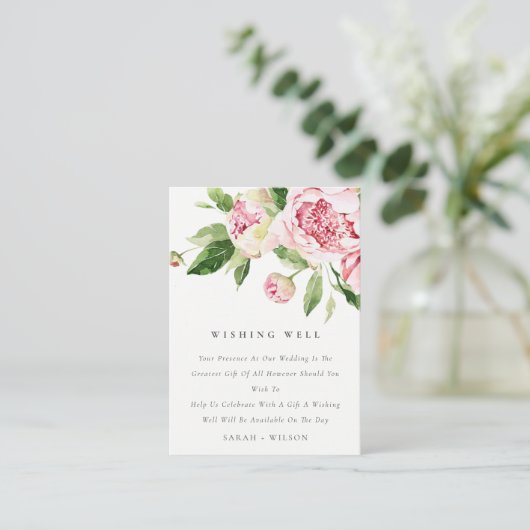 Soft Blush Floral Peony Wedding Wishing Well Informatiekaartje (Staand voorkant)