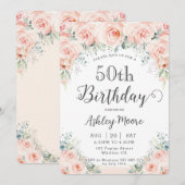 Soft Blush Floral Rozen Greenery 50th Birthday Kaart (Voorkant / Achterkant)
