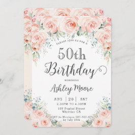 Soft Blush Floral Rozen Greenery 50th Birthday Kaart