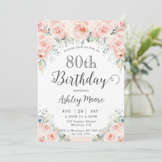 Soft Blush Floral Rozen Greenery 80th Birthday Kaart (Staand voorkant)