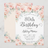 Soft Blush Floral Rozen Greenery 80th Birthday Kaart (Voorkant / Achterkant)
