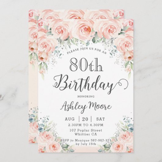 Soft Blush Floral Rozen Greenery 80th Birthday Kaart (Voorkant / Achterkant)