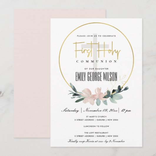 SOFT BLUSH FLORAL WATERVERF FIRST HOLY COMMUNION KAART (Voorkant / Achterkant)