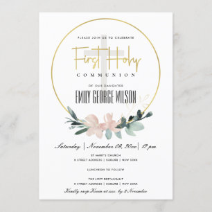 SOFT BLUSH FLORAL WATERVERF FIRST HOLY COMMUNION KAART