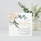 SOFT BLUSH FLORAL WATERVERF FIRST HOLY COMMUNION KAART (Staand voorkant)
