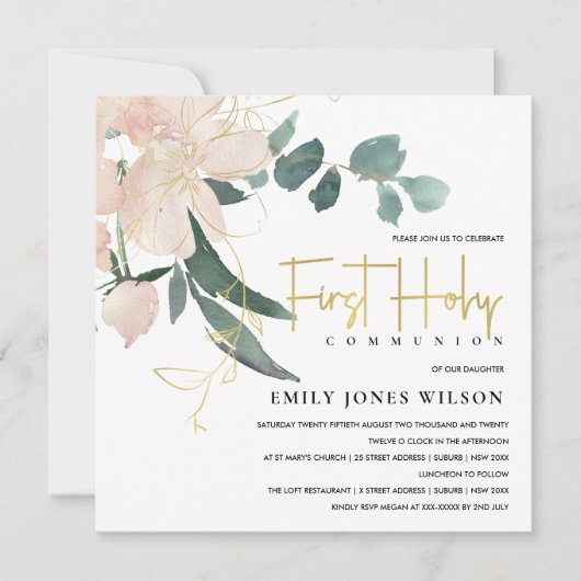 SOFT BLUSH FLORAL WATERVERF FIRST HOLY COMMUNION KAART (Voorkant)