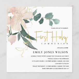 SOFT BLUSH FLORAL WATERVERF FIRST HOLY COMMUNION KAART