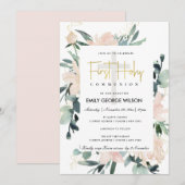 SOFT BLUSH FLORAL WATERVERF FIRST HOLY COMMUNION KAART (Voorkant / Achterkant)