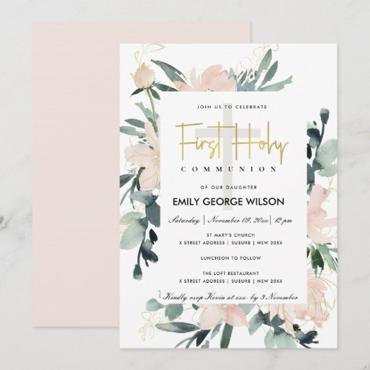 SOFT BLUSH FLORAL WATERVERF FIRST HOLY COMMUNION KAART (Voorkant / Achterkant)